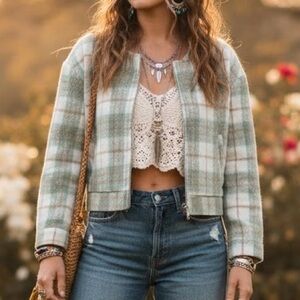 Plaid Wool-Blend Cropped Jacket Sage & Cream Cottagecore Boho Indie Academia